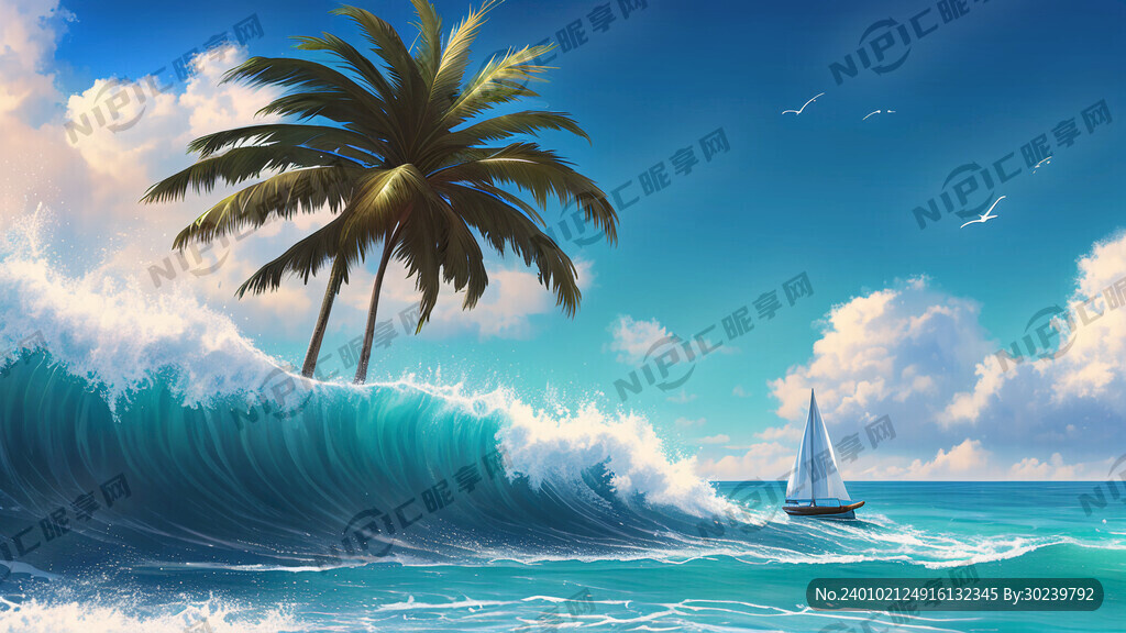 大海 海浪 沙滩 棕榈树 帆船