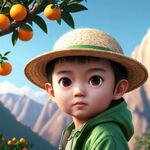 一个大眼睛的小男孩戴着草帽，穿着绿色夹克，漫山遍野都是橙子树，上面结满橙子，梦幻般，迪士尼风格，高细节，超高质量，3D渲染，三维渲染，最佳质量