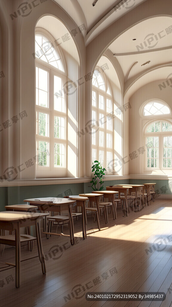 奶油色宫殿教室 斜阳照入落地窗