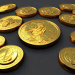 多枚金币，正视图，3D风格，画面开阔