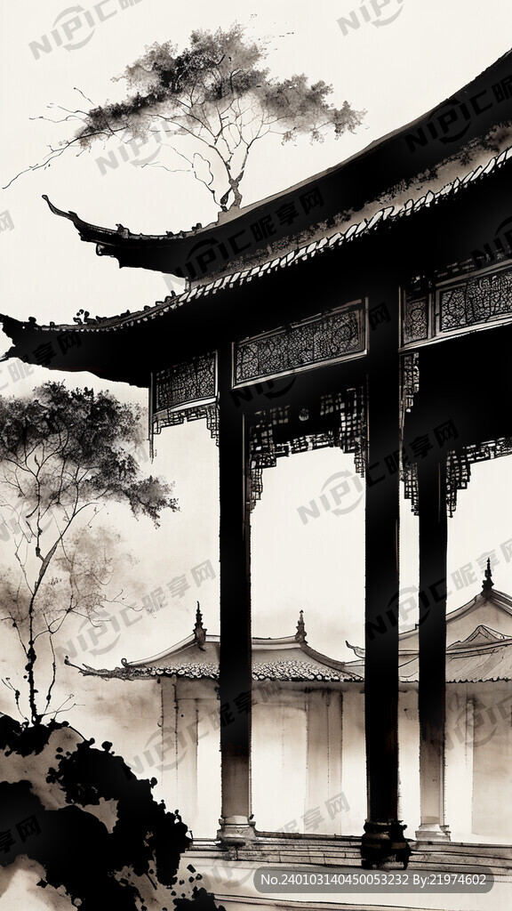 古建筑 远景 水墨画