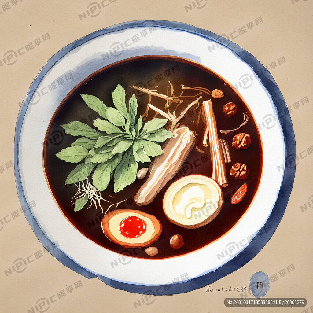 汤 药材成分 手绘 水彩