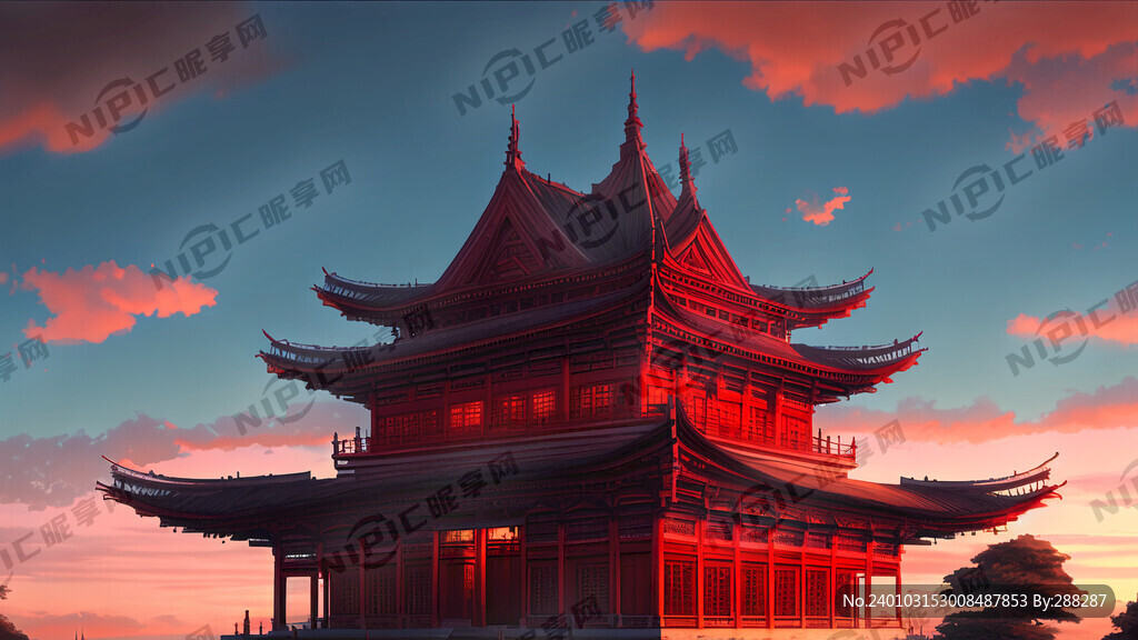 黄昏的天空下有红色古代楼阁