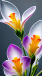 晶莹剔透，十颗冰晶小苍兰，花朵盛开，紫色花瓣，橙色花蕊，绿叶植被，气球装饰超详细刻画，绝美壁纸