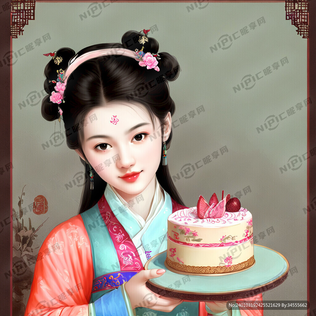 古典少女手拿蛋糕手绘