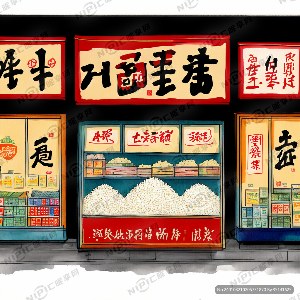 中国超市的大米与粮油贩卖区悬挂