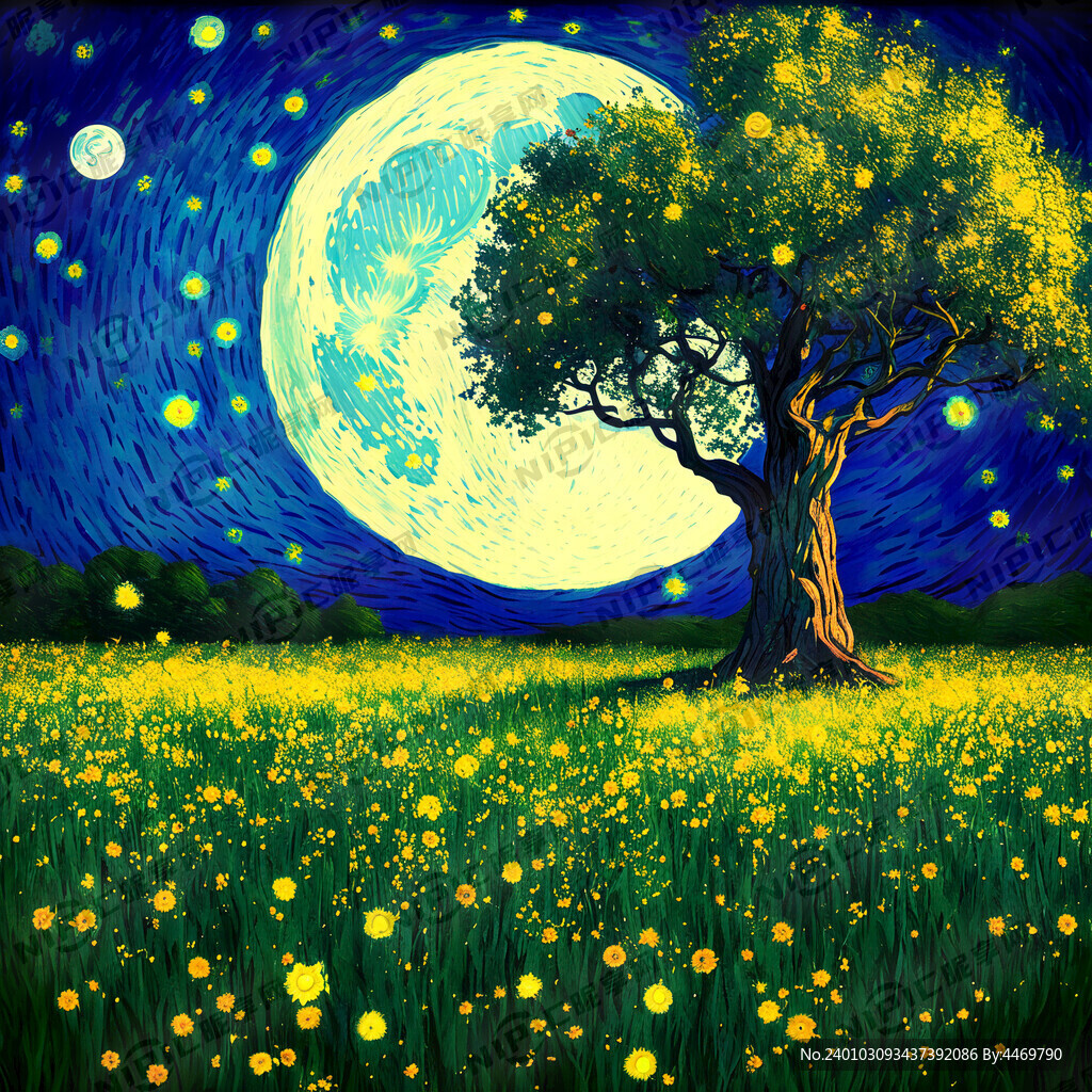 大树 萤火虫 月亮 草丛 花