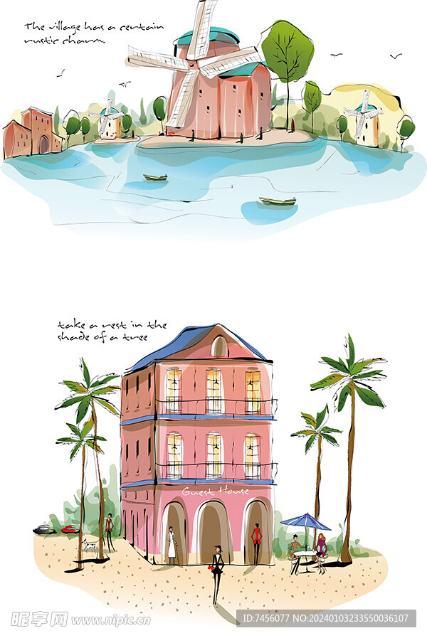 湖畔建筑水彩风景画