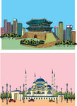 水彩复古建筑白宫插画