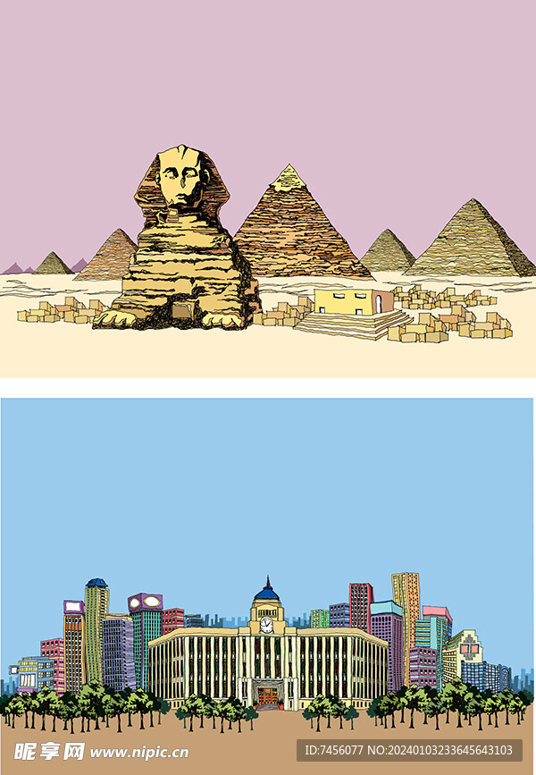 埃及金字塔水彩建筑插画