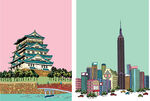 矢量建筑高楼水彩风景画
