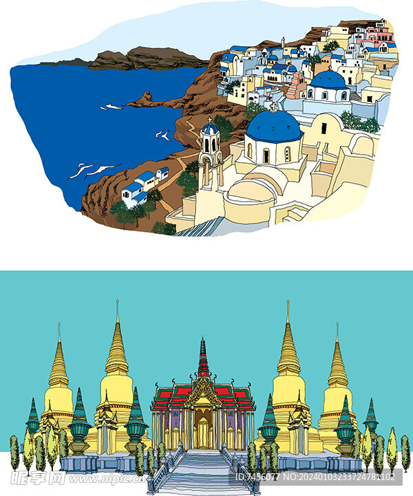 爱琴海水彩欧洲建筑风景画
