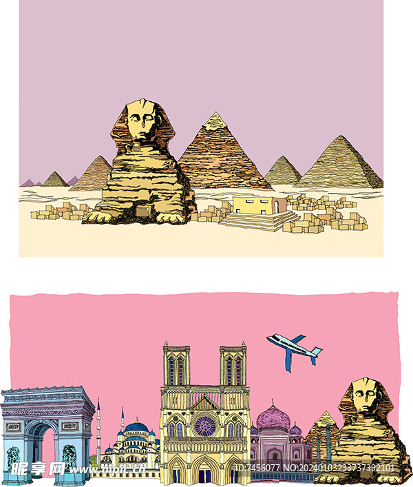 埃及金字塔欧美建筑风插画风景画