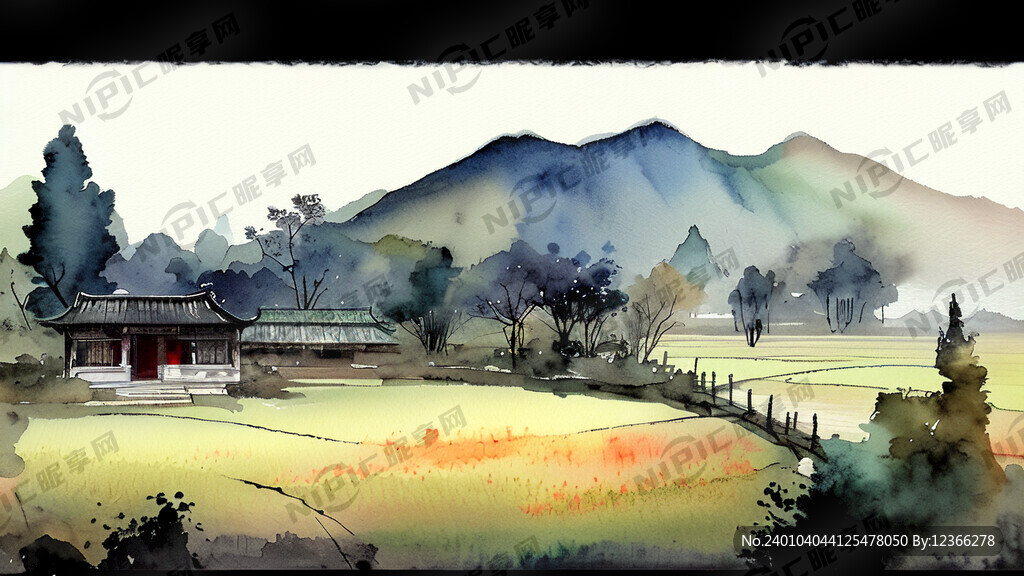 古代田园风景 水彩