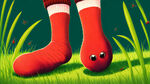一只红色袜子掉在草地上，一只蚂蚁在看着袜子