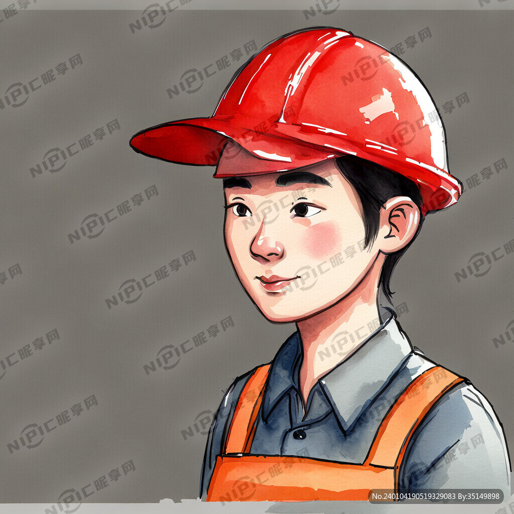 中国人戴红色帽子建筑工人卡通