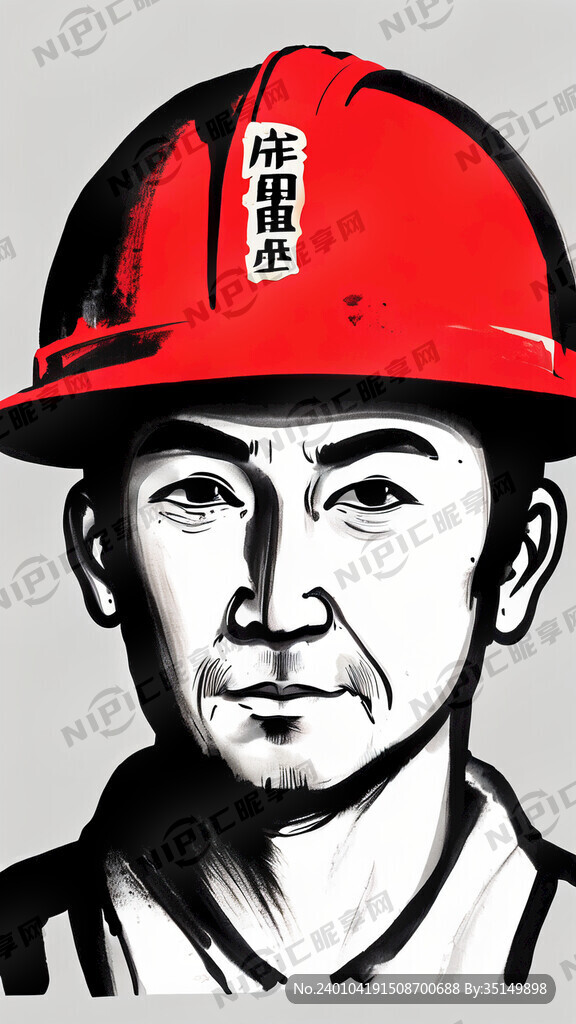 中国工人戴红色建筑帽卡通