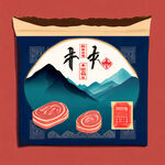 生成一张具有山西祁县传统文化元素和贾令熏肉文化结合的包装插画