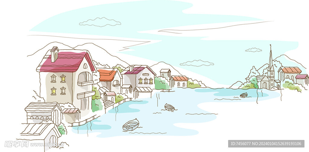 湖畔乡村房子风景画插画