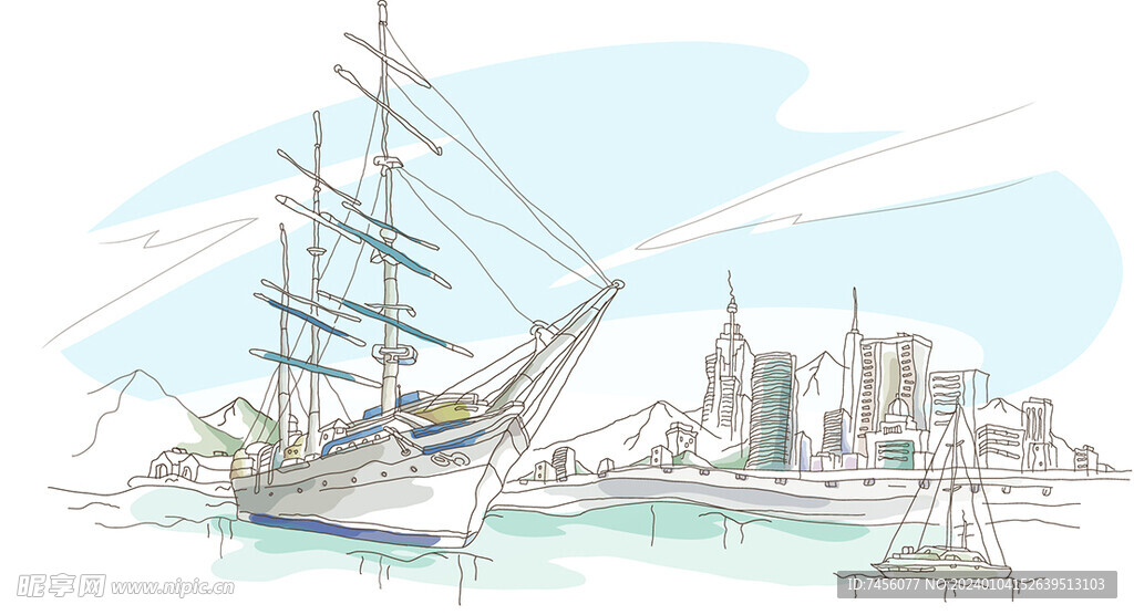 湖畔帆船水彩建筑插画