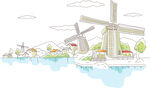 风车湖畔水彩风景画插画
