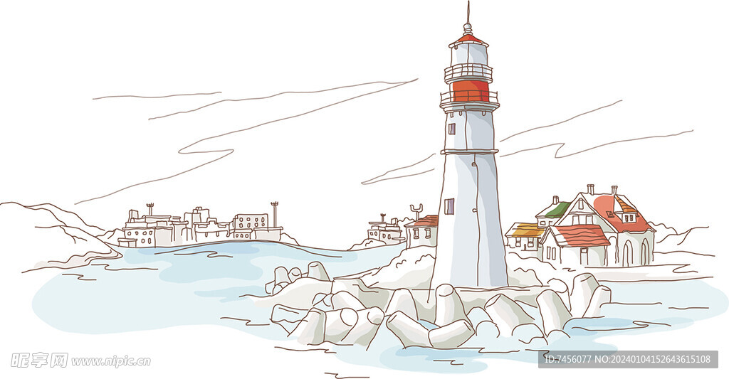 海边灯塔手绘插画