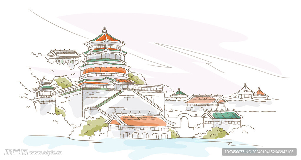 手绘中式建筑插画