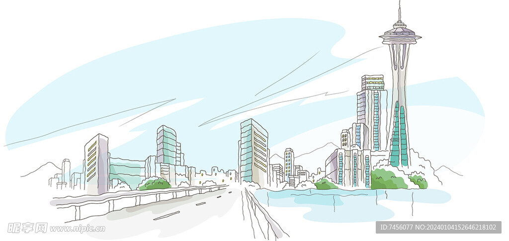 道路高楼风景画插画