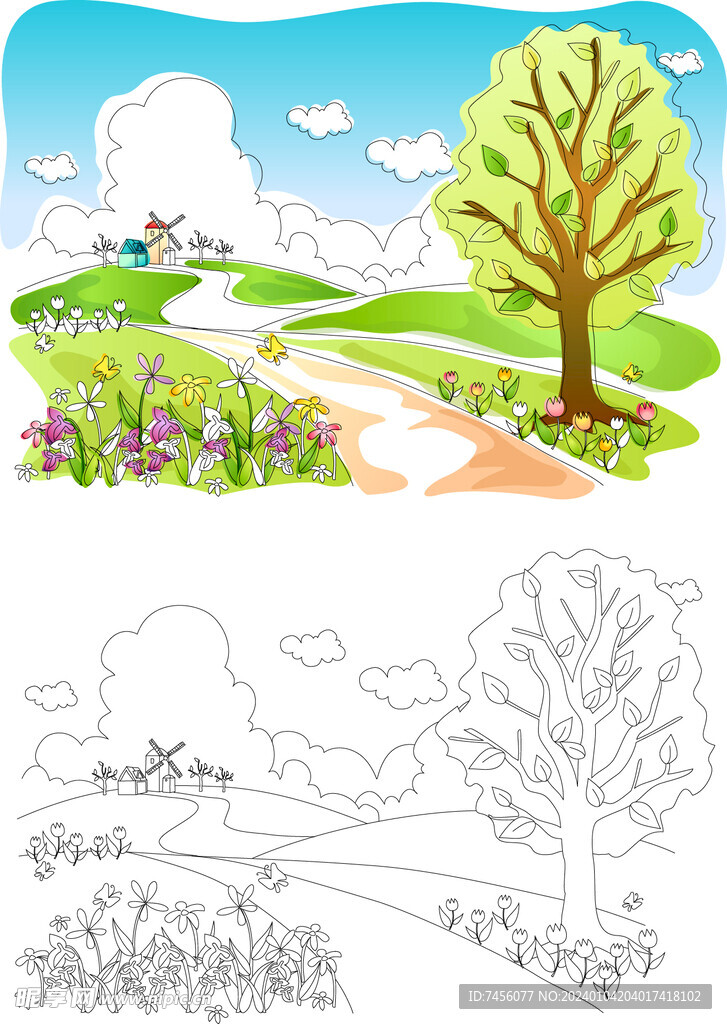乡村道路水彩风景画插画