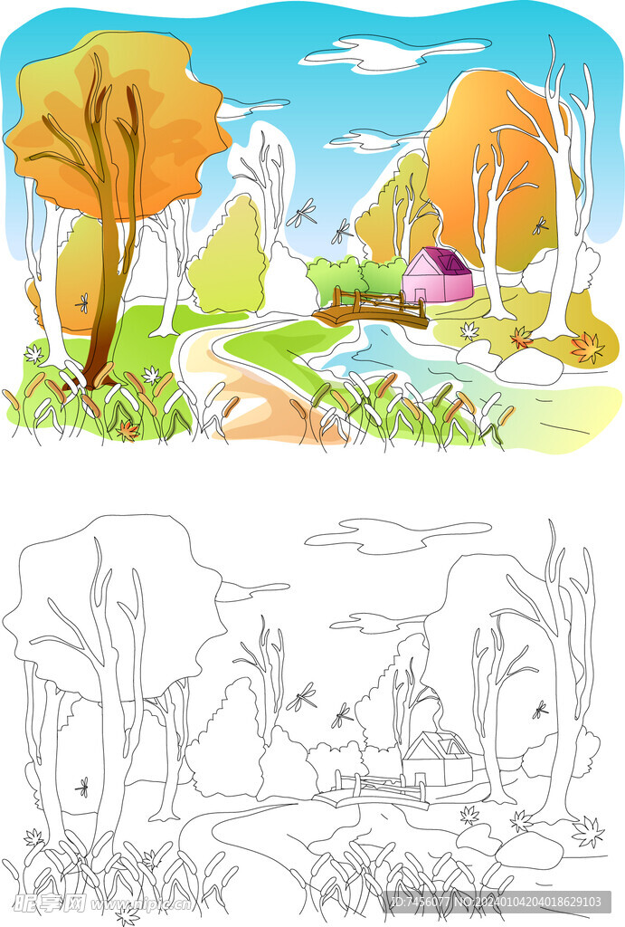 河流水彩树唯美风景画