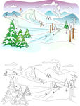 山脉水彩树风景画插画