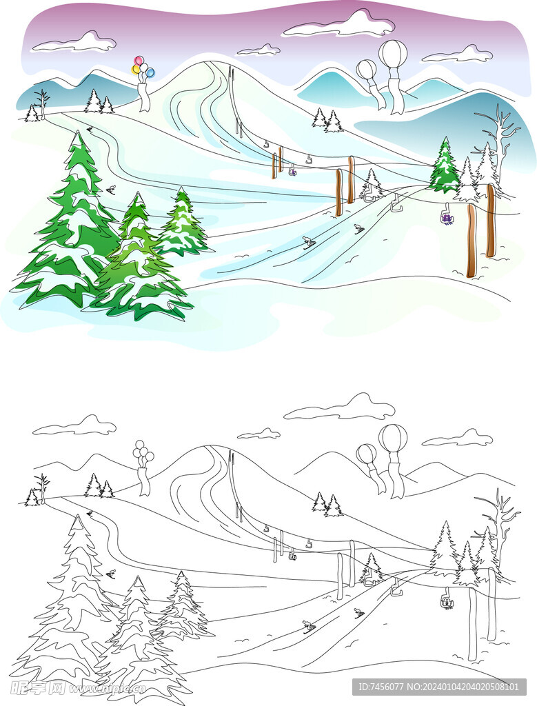 山脉水彩树风景画插画
