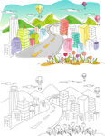 道路水彩房子风景画