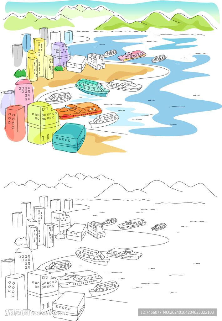湖畔建筑美景插画