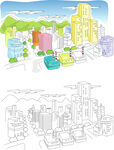 水彩建筑高楼插画风景画