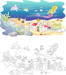 美人鱼海底风景画插画