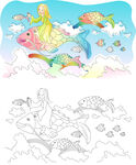 水彩游鱼唯美风景画插画