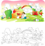 水彩苹果屋男孩插画