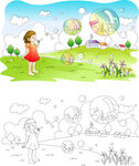 小女孩水彩风景画插画