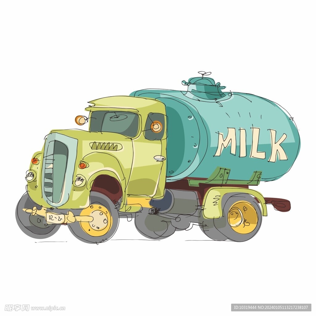 可爱的手绘卡通牛奶车