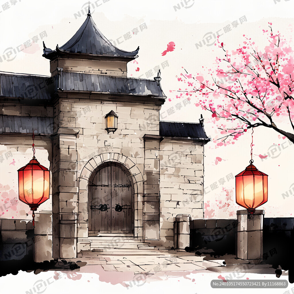 春节卡通城堡 大门 城墙 灯笼