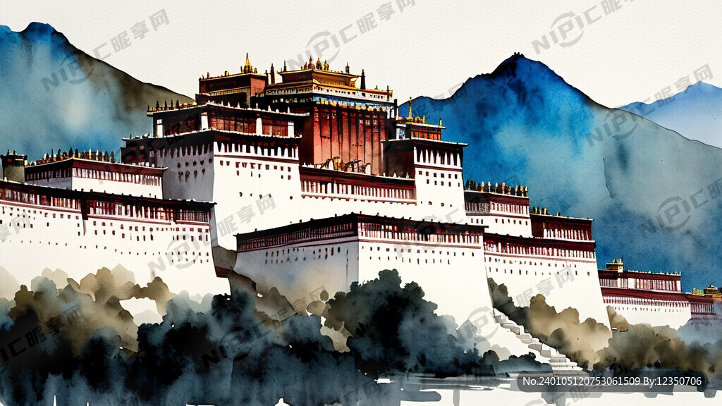 远处布达拉宫水彩画
