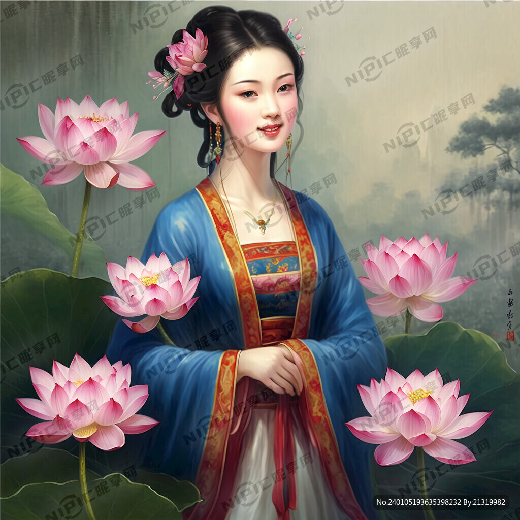 古代 女人 荷花 油画