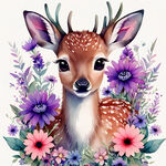 花包围着小鹿  可爱的风格   花多一些  带一点水彩风格