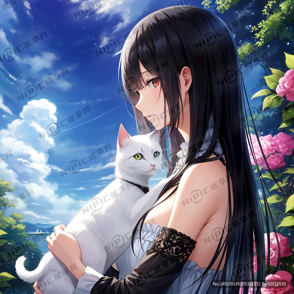 黑发美少女抱着一只白色小猫