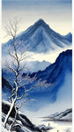 雪景，中国风，藏蓝色，爬雪山