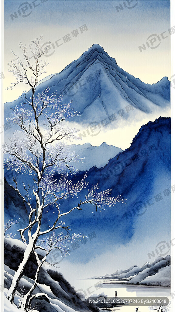 雪景 中国风 藏蓝色 爬雪山