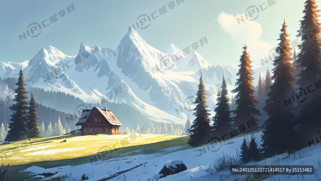 雪山 森林 草地 房屋 阳光