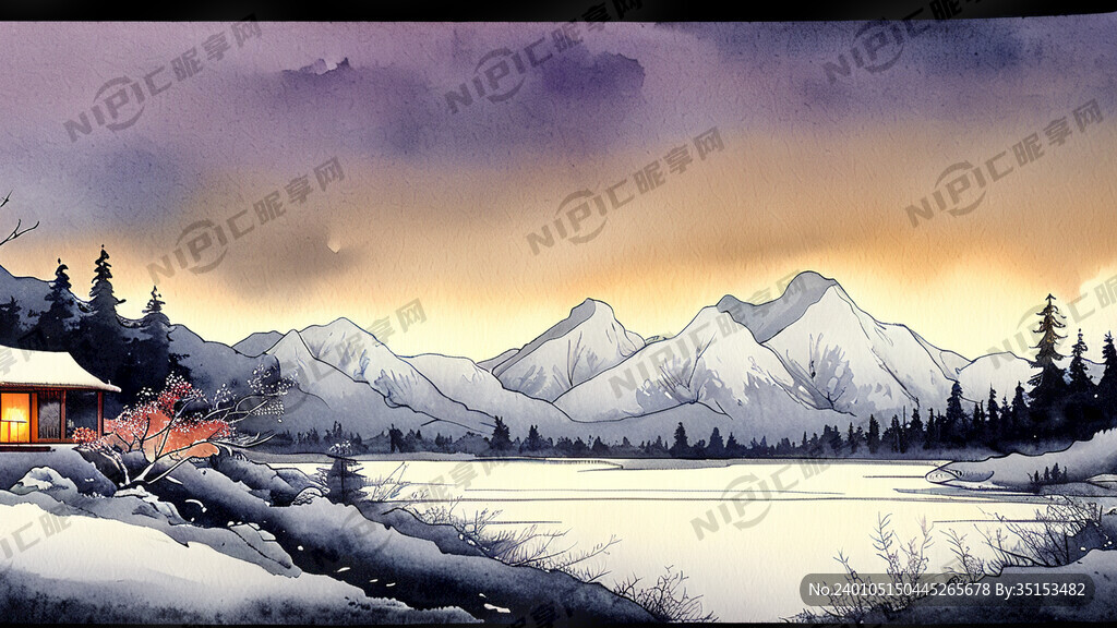 雪山 草地 房屋 灯火 森林