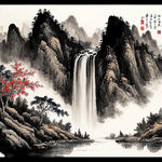 中国画山水画旭日东升，瀑布流水，聚宝盆